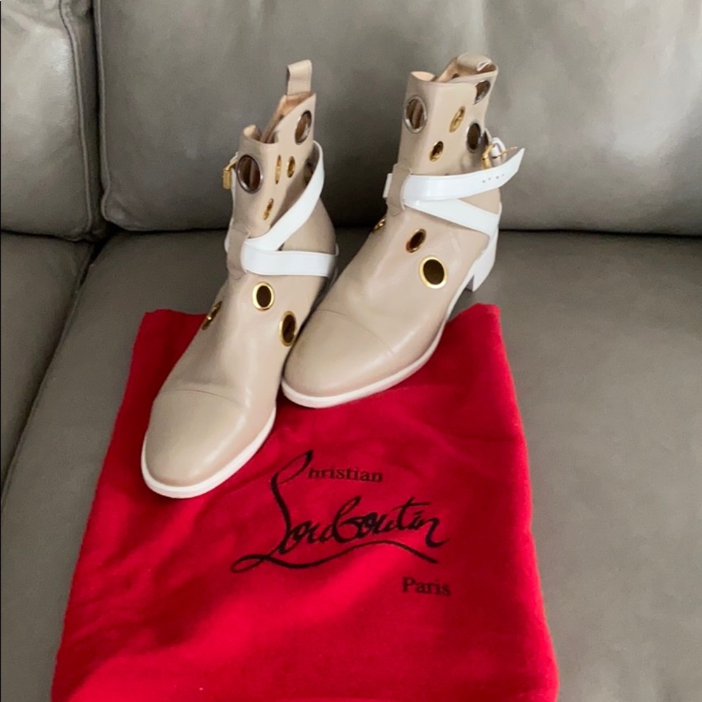 Christian Louboutin Beige and White Grommet Ankle Booties